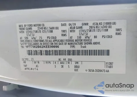 2019 Ford F-250 Xl z USA, uszkodzony, nr VIN 1FT7W2B62KEE99996